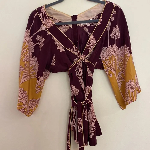 Rebecca Taylor sz 0 silk kimono style blouse w/ tie, burgundy pink and marigold - Picture 2 of 6